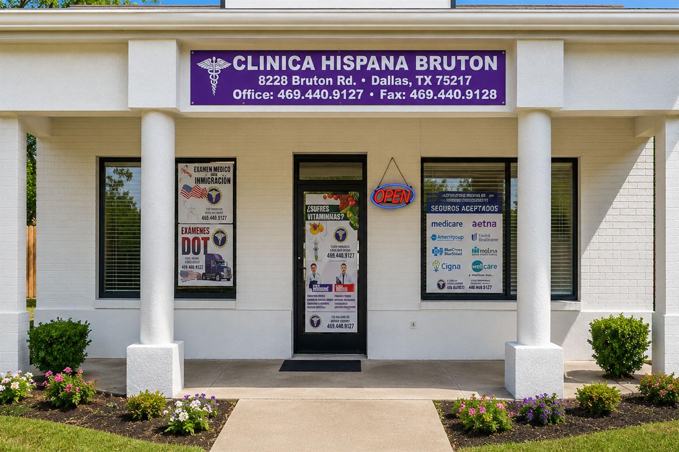 Clínica Hispana Bruton storefront with its sign at 8228 Bruton Rd, Dallas