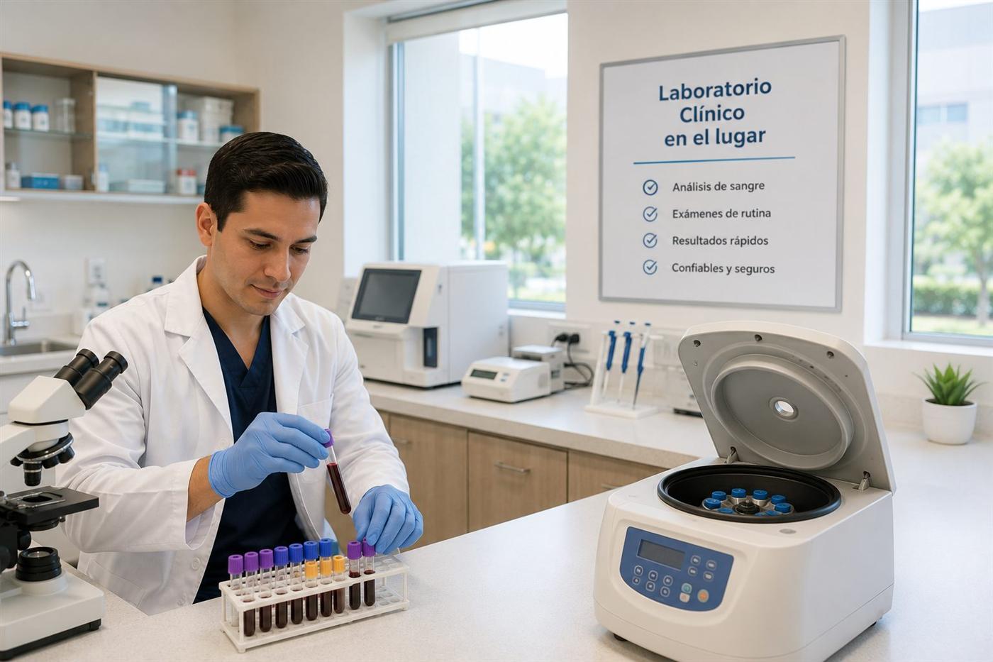 The clinic's laboratory with blood samples and a centrifuge