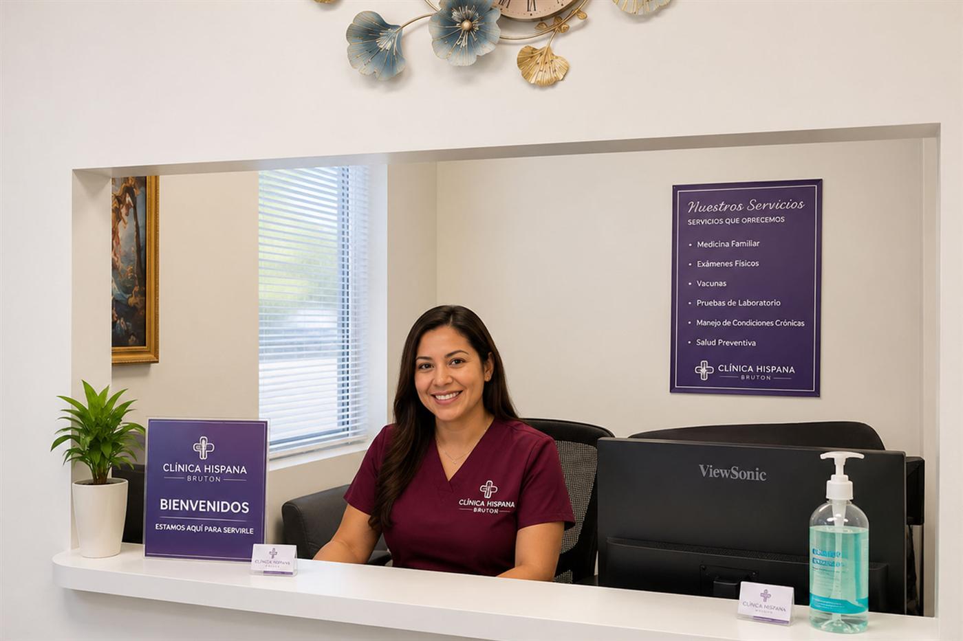 Clinic receptionist at the welcome desk
