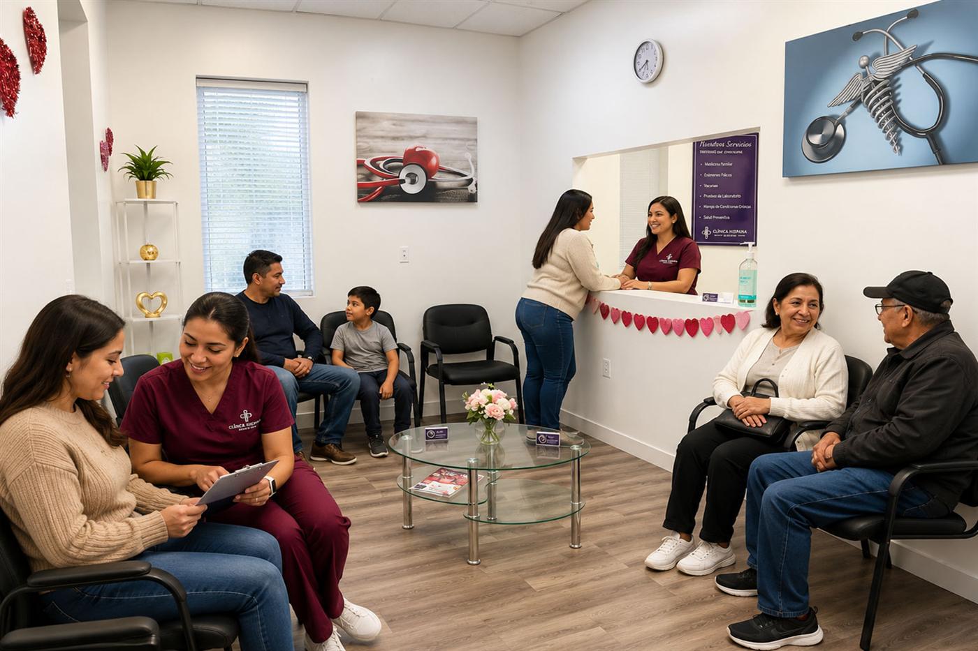 Clinic nurse talking with patients
