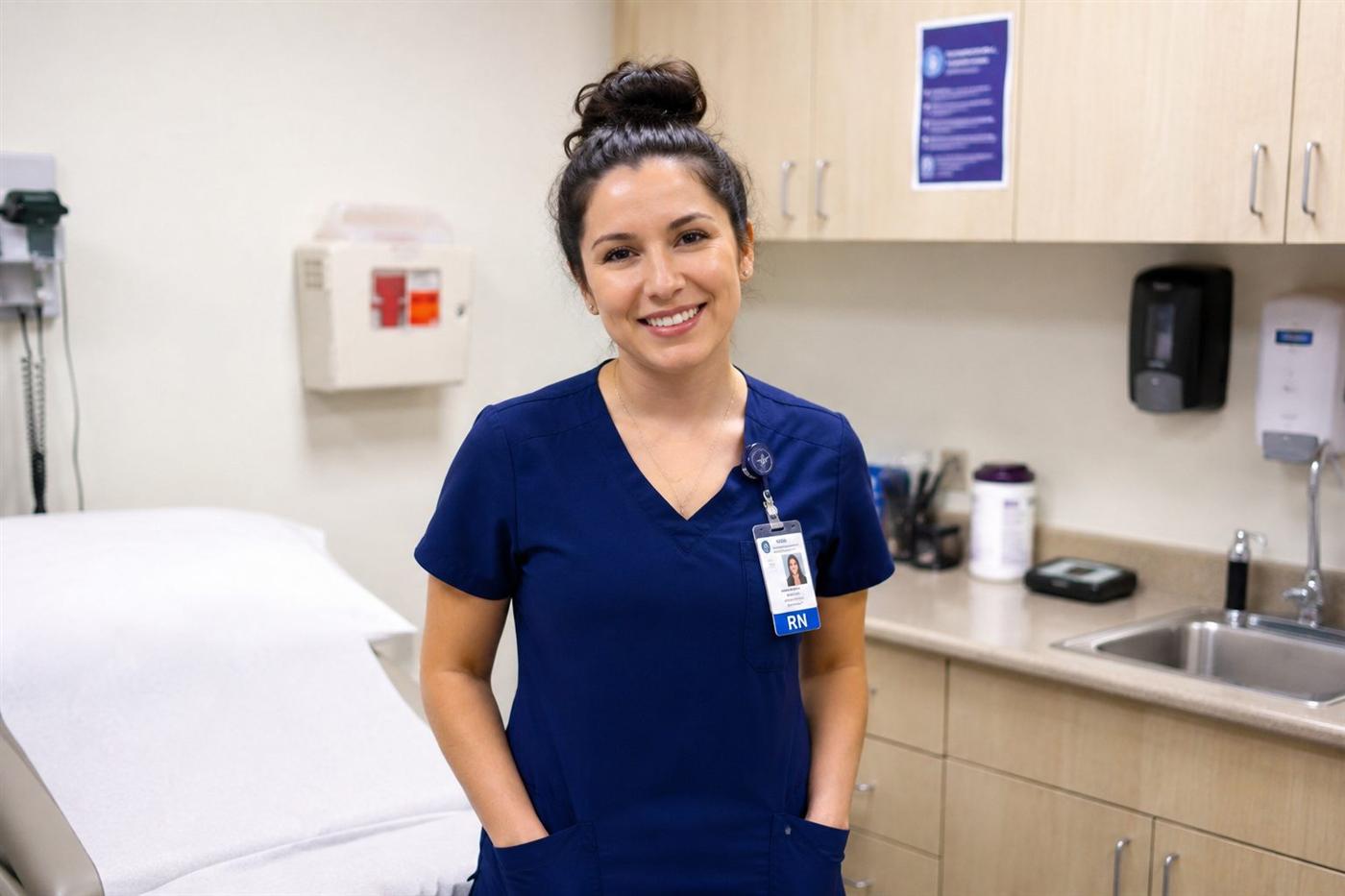 Nurse in the exam room next to the exam table